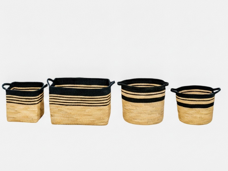 Superior Water Hyacinth and Polyester Striped Storage Baskets- Set of 4